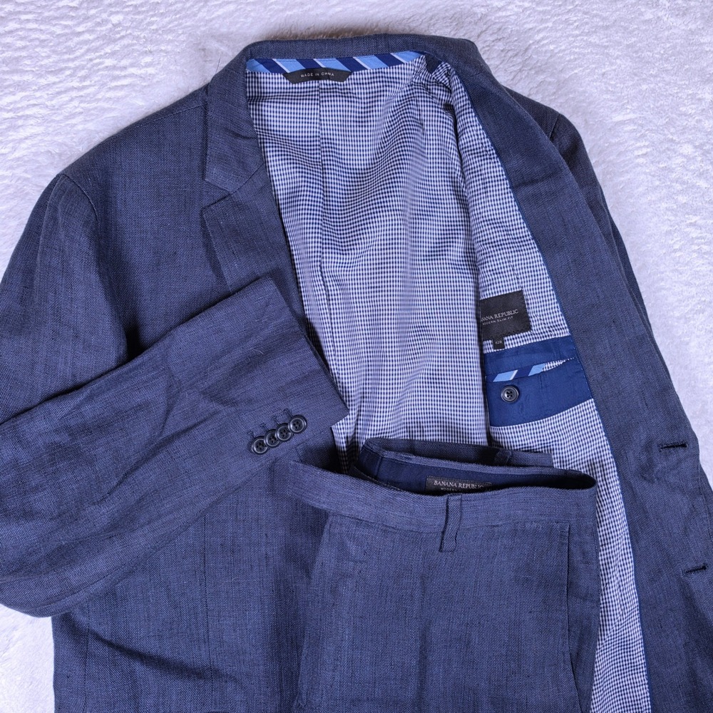 Banana Republic Modern Slim Fit Mens 42R/35x32 Navy Linen 2pc Suit S/185434-00